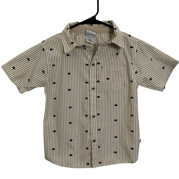 Dapper Dude Whale Striped Button Up Shirt Boys 7 Tan Blue Classic Preppy - Picture 1 of 10